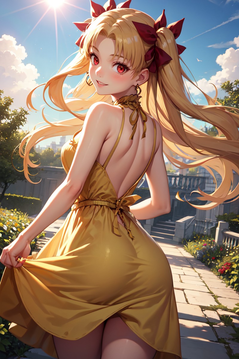 masterpiece, best quality, absurdres, Ereshkigal, two side up, hair ribbon, from behind, (yellow sundress), garden, day, s...